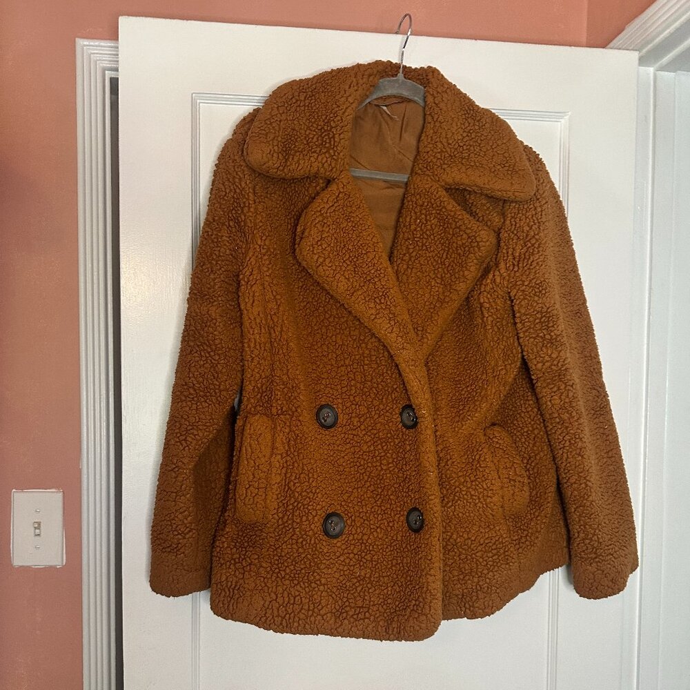 Pre-Loved Free People Oversized Teddy Bear Coat in a Rust Orange Brown